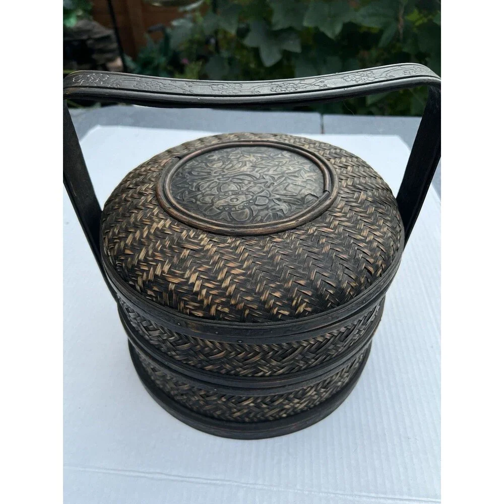 1900 Chinese 2-Tier Woven Bamboo Wedding Basket Metal Floral Medallion